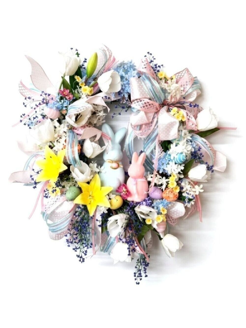 Spring Easter Wreath Bunny Decor Pastel Flowers and Ribbons Large 28 Inch